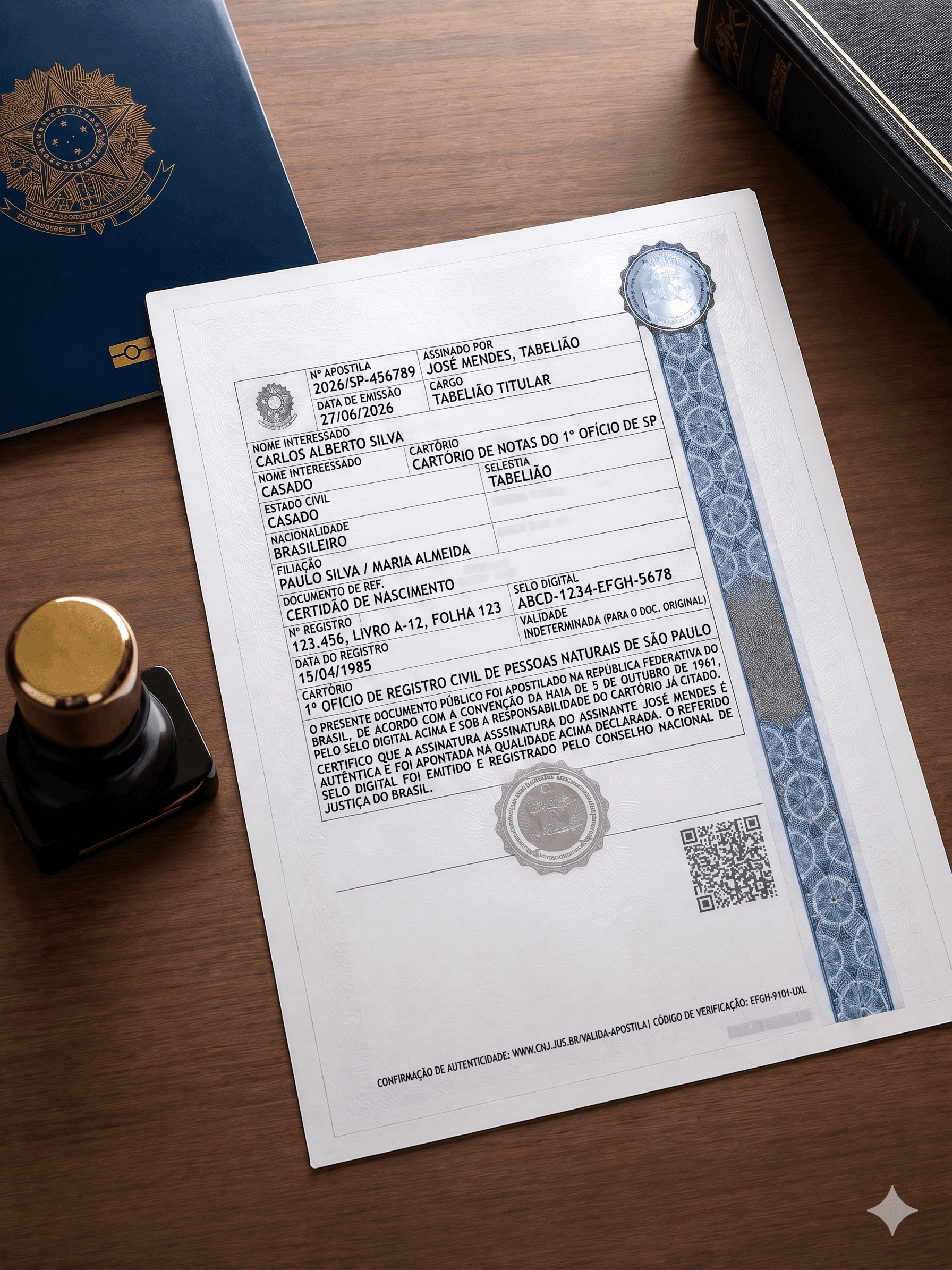 Passaporte brasileiro sobre documentos, representando a legalização de papéis para o exterior